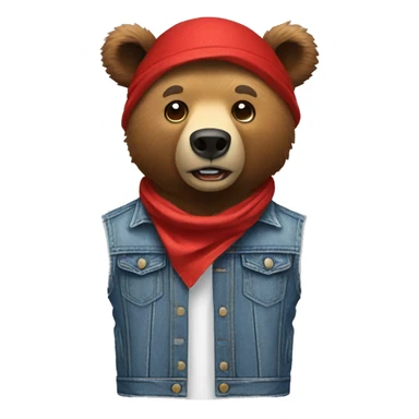 grizzly bear wearing sleeveless jean jacket and red bandana around head with open mouth sticker