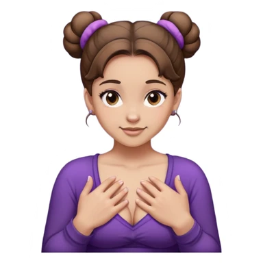 The image is a photograph of a young woman with large breasts, posing for the camera. The image is likely intended to be explicit or provocative, given the woman's partial nudity and the focus on her breasts. * **Woman** + Age: Young adult + Facial expression: Slightly smirking + Hair: Brown, styled in two buns + Skin tone: Light * **Breasts** + Size: Very large + Shape: Rounded + Position: The woman is holding her hands to cover her nipples, which are labeled "A" and "L" respectively. * **Background** + Color: Dark purple + Texture: Slightly rough * **Overall Impression** + The image has a sensual and provocative tone, with the focus on the woman's breasts and body. In summary, the image is a close-up photograph of a young woman with large breasts, posing for the camera with her hands covering part of her nipples. The background is a dark purple color, and the overall impression is one of sensuality and provocation. sticker