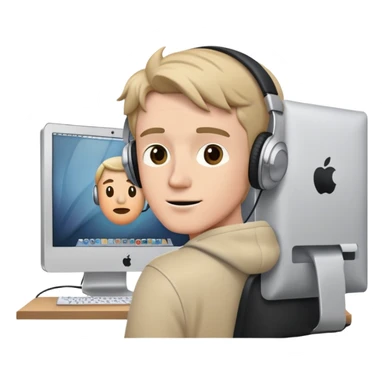 white man with headphones in front of computer mac which has a picture of cambridge sticker