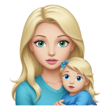 Blonde baddie with long hair Pretty makeup long lashes blue-green eyes ,   light pink lips ,holding 1 little son with blue eyes sticker