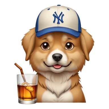A dog properly sitting with a baseball hat drinking whiskey  sticker