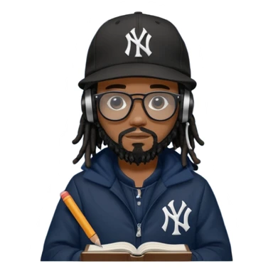 African American man with shoulder length black dreadlocks with black beard wearing black sunglasses wearing a black New York Yankees logo baseball cap wearing a black bubble winter coat wearing headphones writing in notebook sticker
