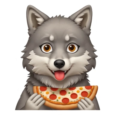 a sitting surprised grey wolf eating a piece of pizza emoji sticker