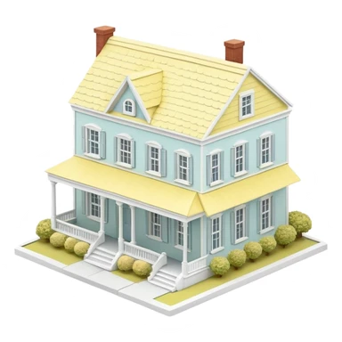 charleston pastel row home dollhouse, 3d isometric, pastel yellow and white, realistic sticker