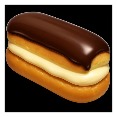 Add a glossy chocolate glaze on top of the minimal dairy-filled eclair, keeping the style and background the same as the original image. sticker