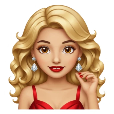 “Emoji girl, glamorous smile, shimmering gold eyeshadow, bold red lips, voluminous waves, dramatic lashes, wearing diamond earrings and gold gown.” sticker