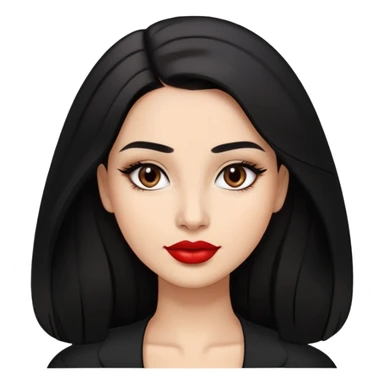 Confident young woman with oval face, elegant features, dark brown eyes, arched eyebrows, red lipstick, light brown skin, long black hair, wearing a black top sticker