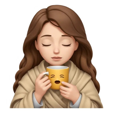 emoji-style illustration of a crying relaxed woman with long wavy brown hair, wrapped in a cozy beige blanket, holding a mug cup, eyes closed, sad and a bit anxious expression, soft 3D cartoon rendering, warm and comforting mood, plain background
 sticker