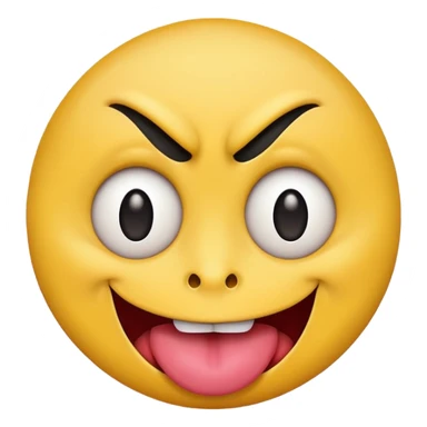 A yellow round face emoji smirking with its tounge out but the eyes are evil and kind of crazy and one eyebrow is raised in a suggestive way sticker