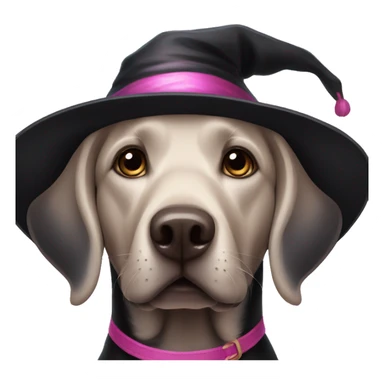 Black Labrador wearing black and pink witch hat sticker