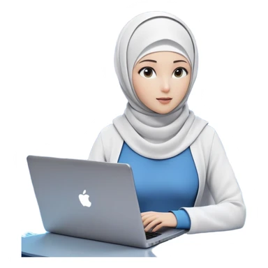 computer engineer with white hijab wearing blue outfit, with her metaverse creation coming to life around her, digital elements and code escaping from the screen behind her, virtual objects and holograms materializing in 3D space around her, laptop in front of her, her digital world extending beyond the screen into reality sticker