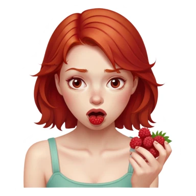 redhead girl with a displeased face eating raspberries sticker