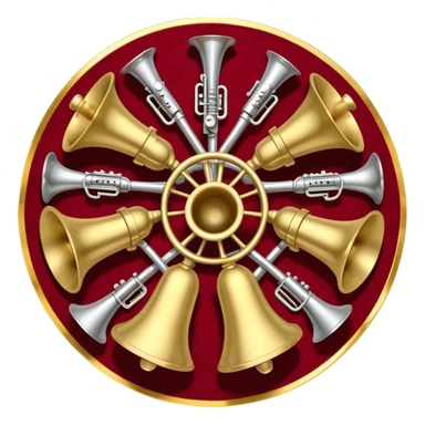 Create a festive and elegant emoji collage featuring a bouquet or fan of brass instrument bells (trumpets, saxophones, trombones, etc.) arranged in a radiant, symmetrical pattern. The instruments should have polished, golden and silver finishes, with their large, shiny bells forming a beautiful, fan-like display. Include a flowing ribbon of musical notes swirling through the center, conveying movement and melody. The background should feature a deep red velvet texture, adding a touch of luxury and sophistication. The overall composition should be balanced, with an elegant and regal feel, with a transparent background to keep focus on the instruments and musical elements. sticker