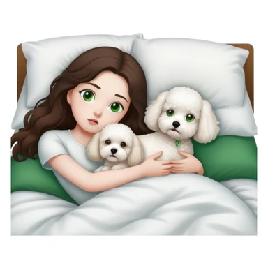 Brunette Long hair girl with green eyes sick in bed by herself with one white bichon frise dog sticker