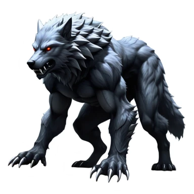 cinematic-noble-fierce-werewolf-full body on all fours-emoji, poised-and-imposing, with a tall, lean, and muscular wolfish frame inspired by the brutal, imposing shape of the beast from Berserk, fur rippling in shades of midnight black and silver, massive paws with razor-sharp claws, elongated limbs and fangs, eyes glowing with an intense, primal ferocity, reflecting the untamed power of the wild moonlit night; rendered with realism like a wolf hunched over battle ready pose ready to attack sticker