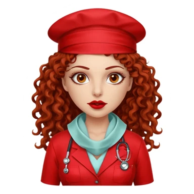Sensual Spanish Lilith core evil surgeon.red outfit.  Surgeon has hazel eyes. Her hair is BROWN. Hair is also  long and  curly. wearing a sexy surgeon outfit with platform  heels.she is a calculated smart killer. She covers only her mouth and nose with silk scarf to hide identity  sticker