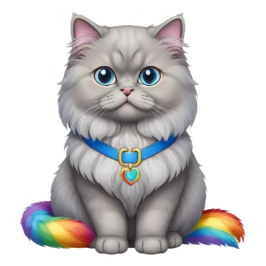 gray Persian cat full body sitting with blue eyes and rainbow belt sticker