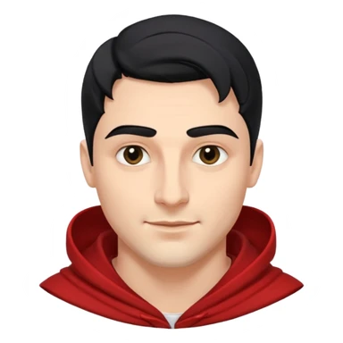A handsome man with fair complexion. masculine, roman, slightly crooked nose. Thick triangular eyebrows. Hooded eyes and black pupils.  smily lips with a heavy top lid.  thick black hair  80/20 part with an undercut.  sticker