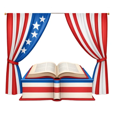 Book of theatrical set design with cover designed like the Puerto Rican flag, red and blue stripes with white star, theater curtains visible on pages sticker