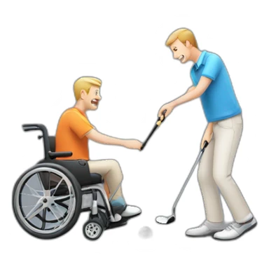 A man playing golf with a disable guy as a ball sticker