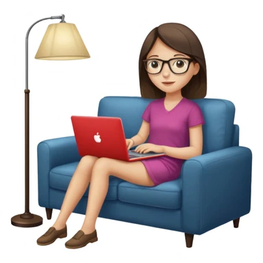 A girl is working with a laptop while lying on a sofa, with a floor lamp to the right. sticker
