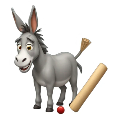 A donkey crying beside a cricket bat sticker