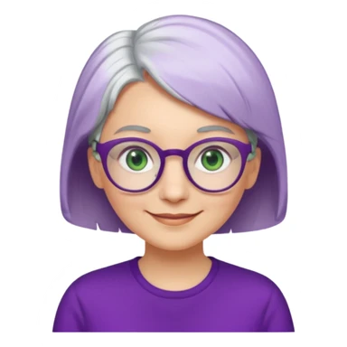 visage femme a lunettes ronde avec cheveux courts gris-blancs aux yeux verts qui souris habillé en violet sticker