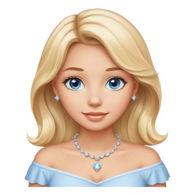 girl with mid-length soft wavy blond hair, blue eyes, light tan skin, gentle smile with light peach glossy lips, wearing a white Bardot collar top and a diamond necklace sticker