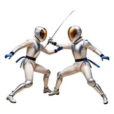 Two fencers in full protective gear duel on a professional piste, their foils clashing in mid-air. The background features a dynamic blur, symbolizing speed and precision. The scene is illuminated by bright arena lights, emphasizing the intensity of the match. Transparent background. sticker