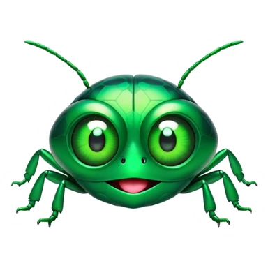 Cinematic Comical Green Bugdie Portrait Emoji, Head tilted dramatically with an exaggeratedly amused expression, featuring a striking, glossy emerald exoskeleton with bold patterns, wide, expressive multifaceted eyes filled with playful disbelief, Simplified yet hilariously expressive features, highly detailed, glowing with a slightly sassy glow, high shine, dramatic yet playful, stylized with an air of cheeky mischief, bright and endearing, soft glowing outline, capturing the essence of a spirited and over-the-top bug, so meme-worthy it feels like it could side-eye its way into internet fame instantly! sticker