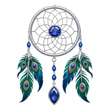 a Silver Dreamcatcher with sapphire-stones and emerald-stones, and with peacock-feathers. Big sapphire gem in the middle. Many tiny emeral gems around it.   sticker