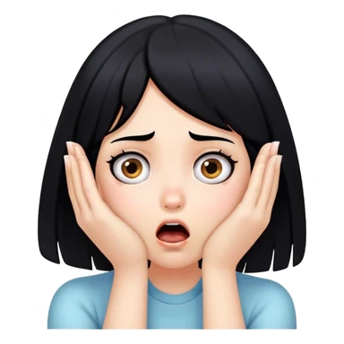 Shocked girl face with black hair and hands on face, big text saying "HELP" sticker