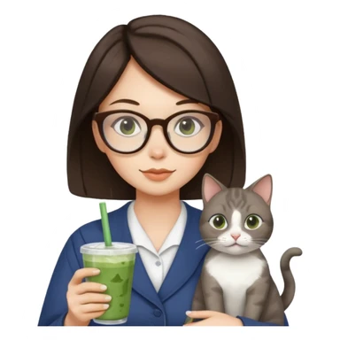 a brunette woman in here 30S drinking an iced matcha, carrying a grey cat and a map of the world sticker