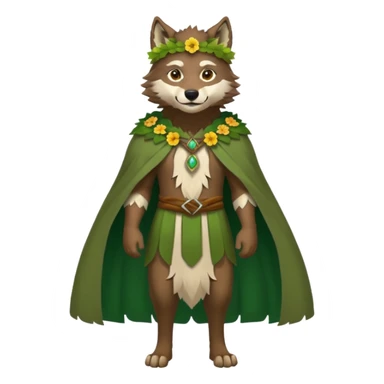 wolf dressed as a druid, flower crown, green cape, full body icon sticker