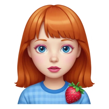 Ginger girl with bangs, big blue eyes, pink lips and cheeks, strawberry shirt  sticker