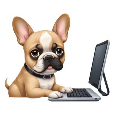 Fawn Frenchie with black muzzle working behind computer sticker
