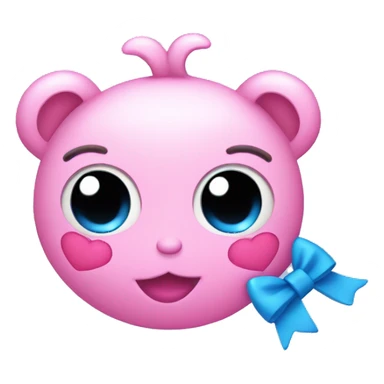 pink toy with heart eyes and a blue bow sticker