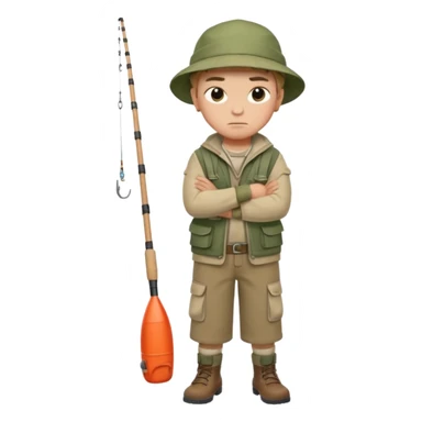 A boy with crossed arms, looking annoyed, dressed in fishing clothes full body sticker