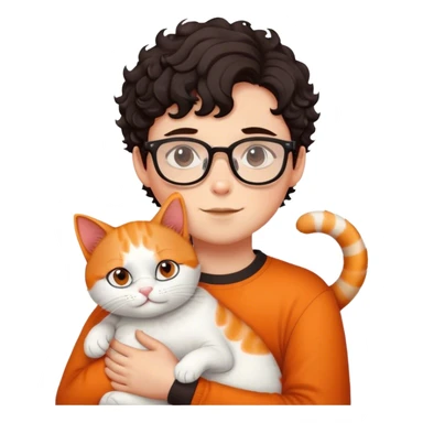 Boy with curl dark hair and glasses hugs white and orange cat sticker
