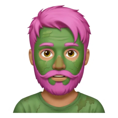 pink haired man with full full face dirty messy green clay mask and beard sticker