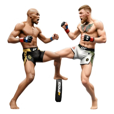 An MMA showdown between Conor McGregor and Anderson Silva in the octagon. McGregor is executing a jumping strike, while Silva skillfully deflects the attack. The background shows the UFC octagon with roaring fans and vibrant energy. Transparent background. sticker