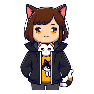 Light-skinned girl with brown straight hair wearing a black jacket, with one pure white cat with yellow eyes and one calico cat with orange black and white patches sticker