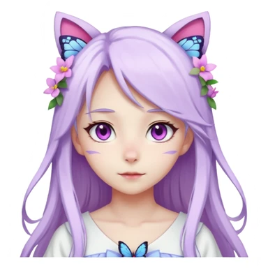 female anime character with pink eyes long white hair and periwinkle highlights and cat ears on her head. She is wearing a white dress with purple flowers and butterfly. sticker