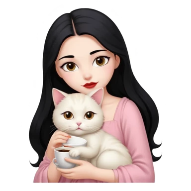Beautiful Girl Long Hair black, Brows Big , Skin White, Dress Pale Pink , Big Red Lips, EyesCoffe , Hug Little baby Persa Cream Cat With Cute Eyes sticker