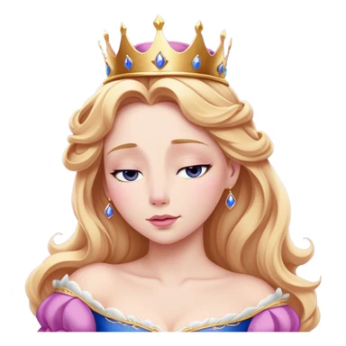 Cinematic Realistic Sleeping Beauty (Aurora) Portrait, with porcelain-like skin featuring a natural rosy flush, illuminated by soft lighting that highlights the gentle contours of her face. Her golden blonde hair flows in soft, detailed waves with subtle highlights that shimmer in the light. Her deep violet-blue eyes radiate warmth and innocence, framed by arched brows and long lashes. Her serene expression exudes quiet elegance. She is dressed in her classic pink gown, the fabric rich in texture with delicate folds that catch the light. A golden crown rests atop her head, gleaming with royal refinement. The portrait captures a soft, glowing aura, blending realism with an ethereal sense of beauty and timeless enchantment. sticker