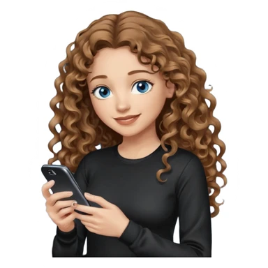 generate a pretty woman with blue eyes, light skin and medium brown long wavy/curly shiny hair holding a phone she is looking at the phone while looking down at the screen. she is wearing an ALL black long sleeve sticker