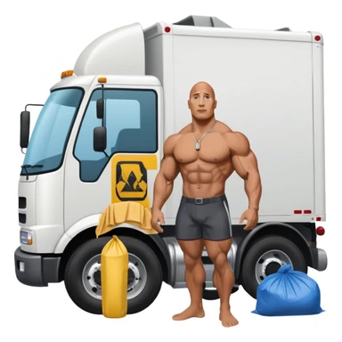 Dwayne the rock Johnson in speedo in front of trash truck sticker