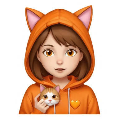 Una niña piel blanca, pelo castaño y lacio, ojos color miel, con un poleron naranja que en el gorro tiene una cara y orejas de gato, mordiendo un corazón naranja  sticker
