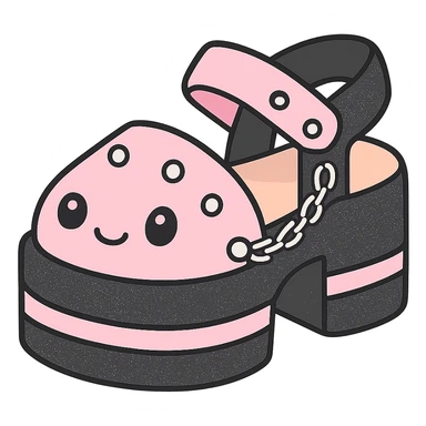 Add a subtle glitter effect to the black-to-pastel pink gradient platform sandals with silver studs and chains, kawaii style, no socks, no hearts, transparent background sticker