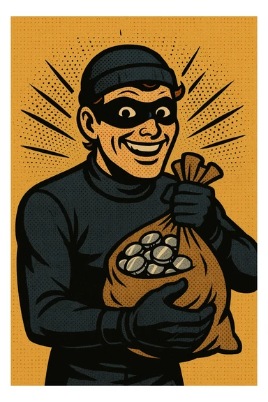 smiling thief holding a bag of silver coins, comic style sticker
